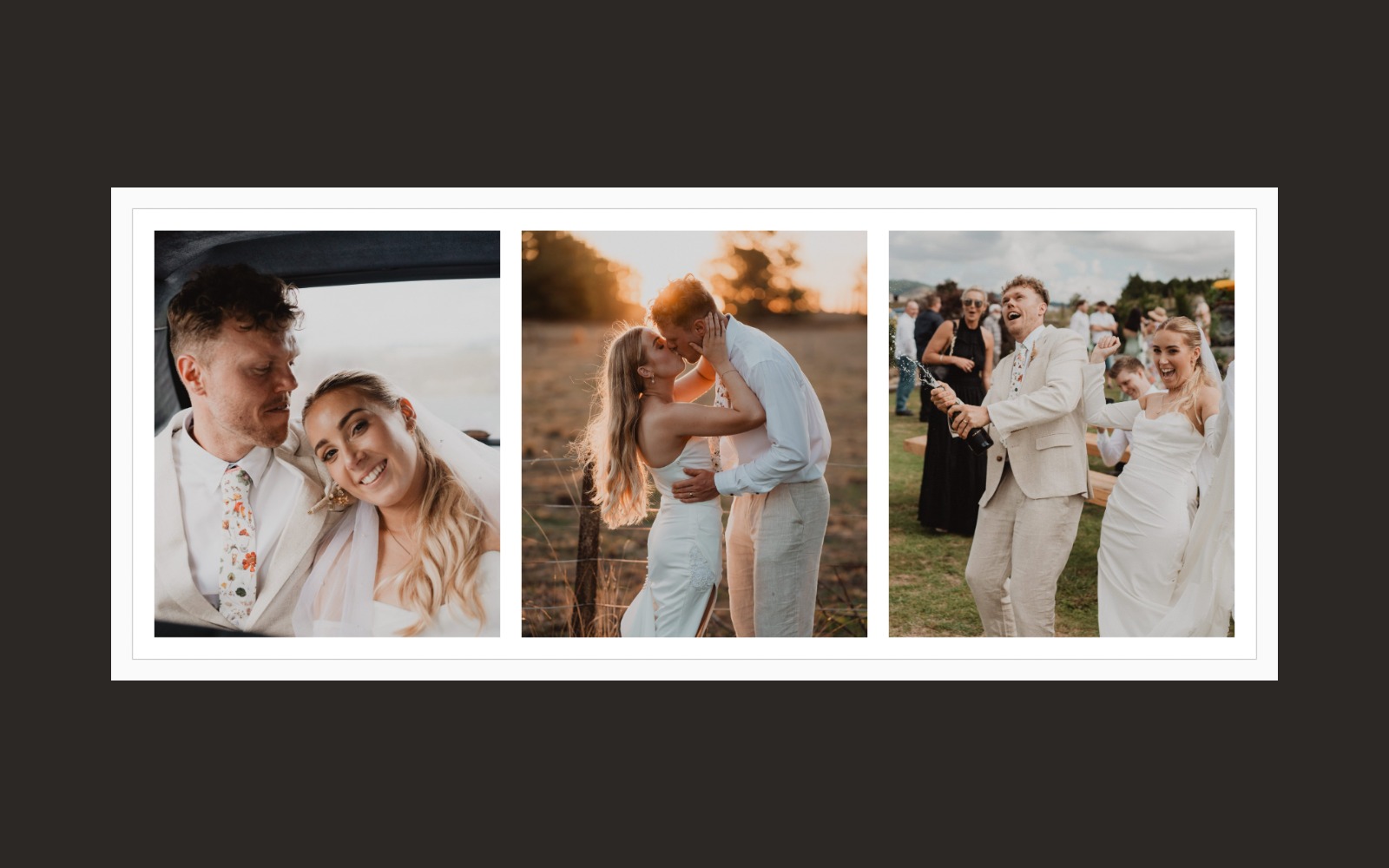 A wide white-matted frame holding three wedding photos of a couple, in a Story Frame